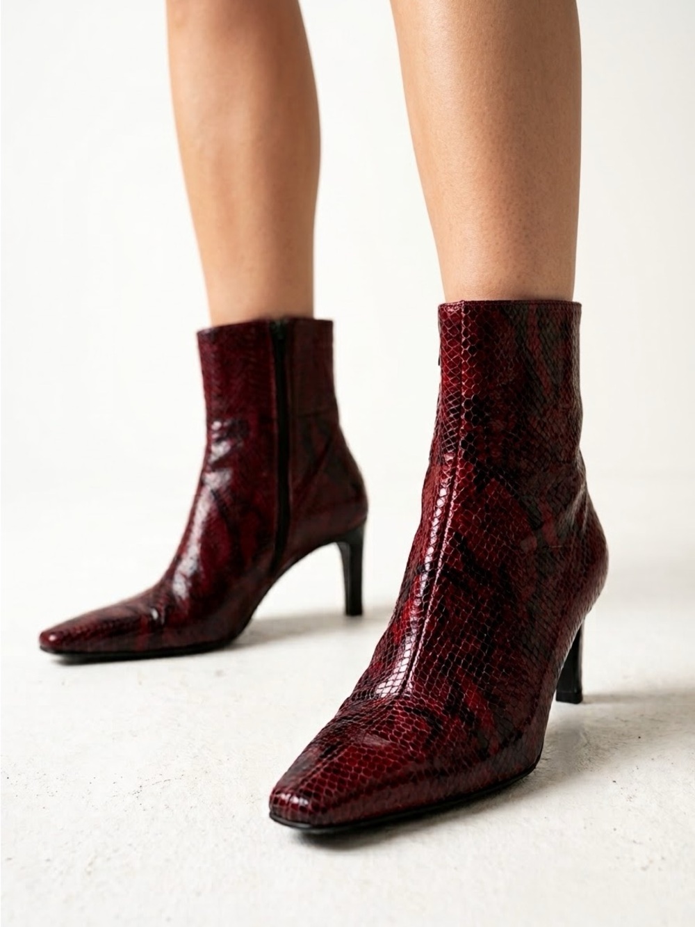 Vintage Y2K Burgundy Leather Snakeskin Pointed Square Toe Ankle Boots - US 8